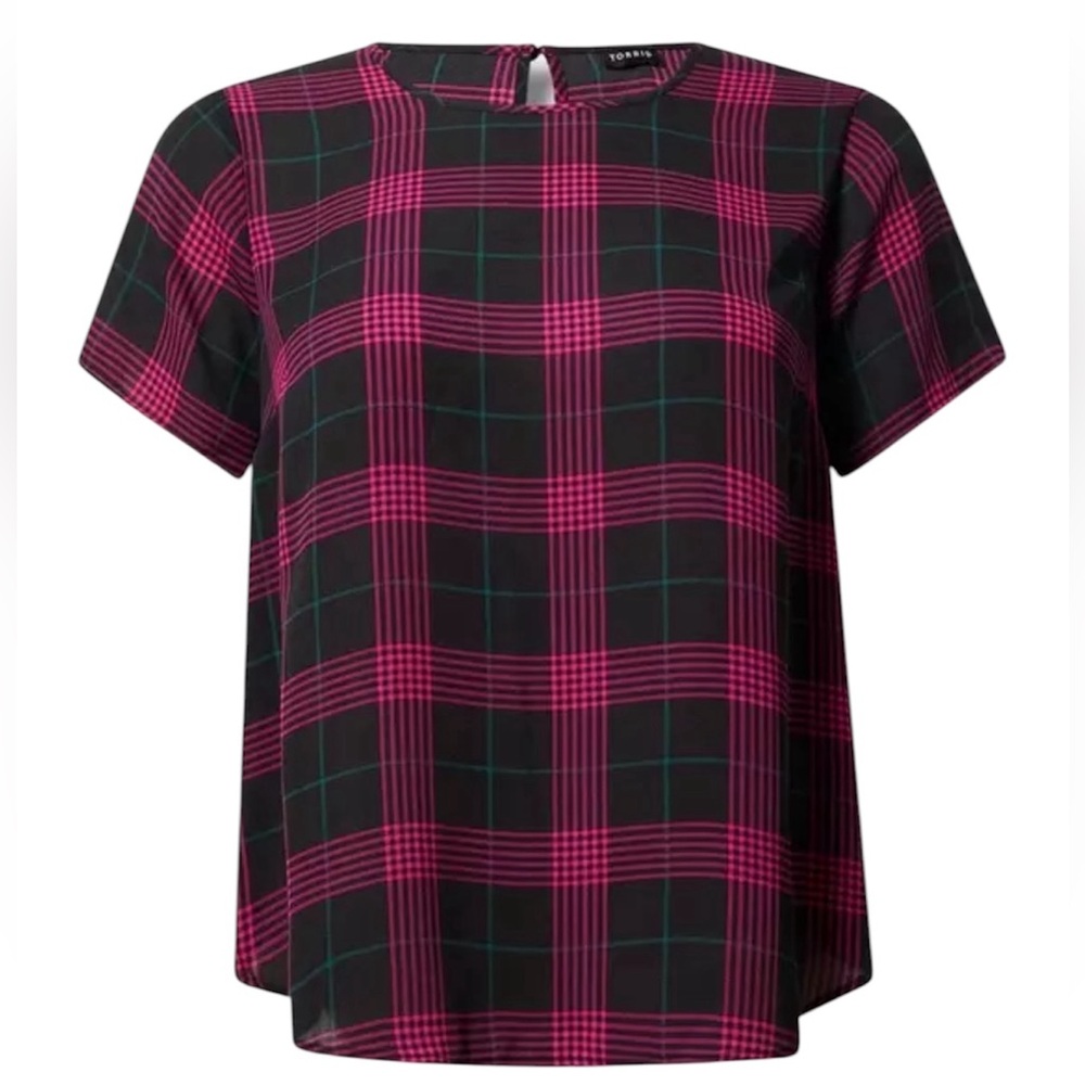 torrid Black Plaid Short Sleeve Blouse with Pink & Teal Accents